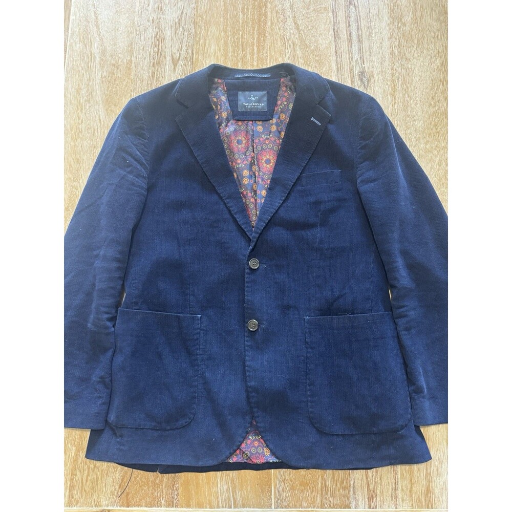 Tailorbyrd Corduroy Blazer Jacket Mens 40R Navy Blue Sport Coat Floral Lining 40